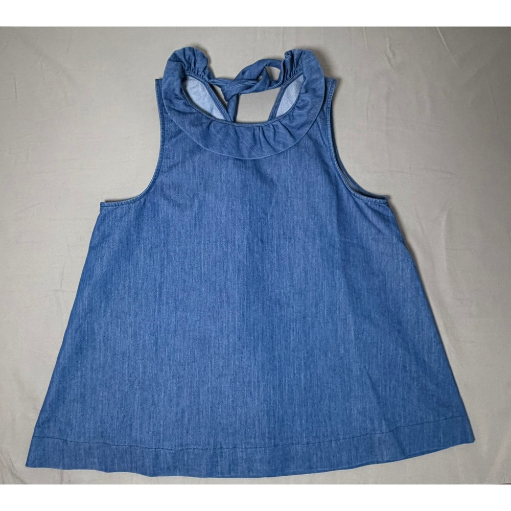 Pomander Place Womens Blue Denim Ruffle Neck Back Tie Sleeveless Top L Preppy